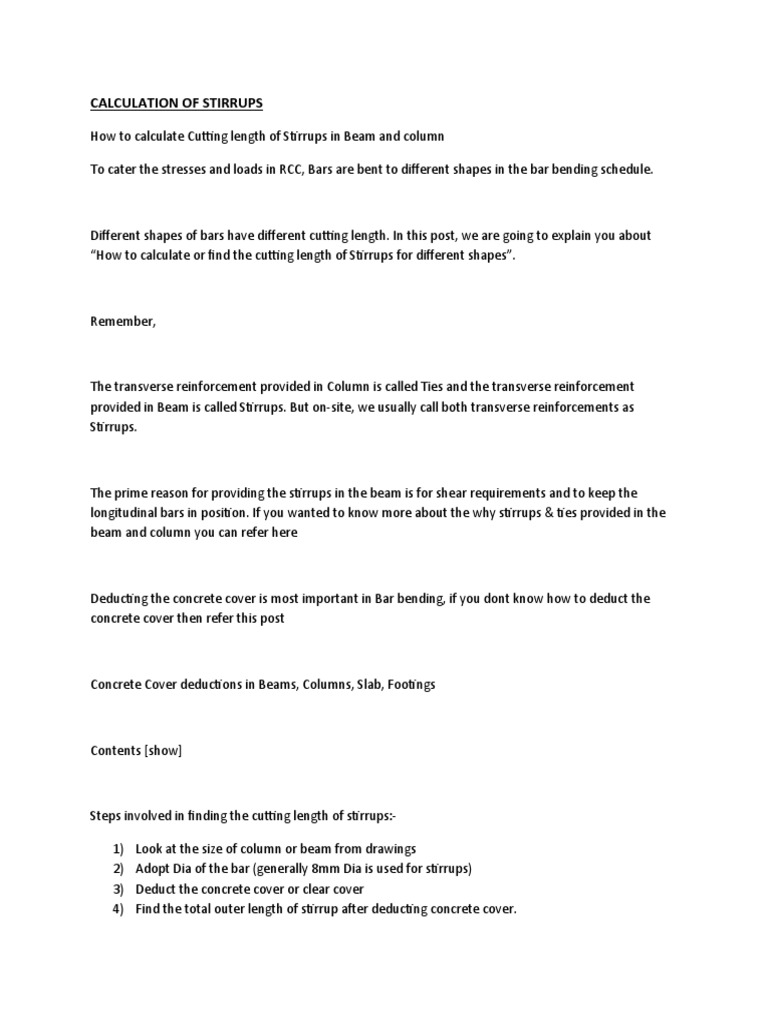 Calculation Of Stirrups Pdf Beam Structure Bending