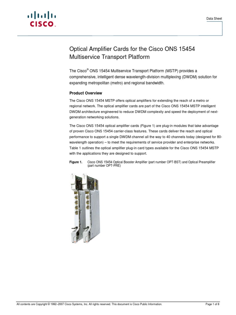 Cisco Optical Preamplifier 15454 Opt Pre Tehnicheskaya Spetsifikatsiya