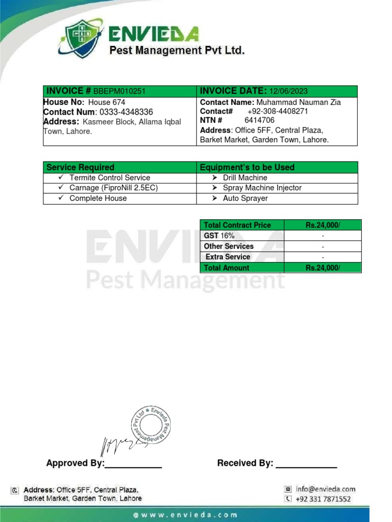 Termite Control Invoice - Lahore 2023 | PDF