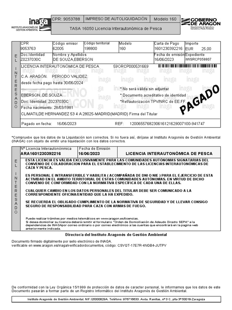 Licencia Interautonómica de Pesca INAGA | PDF