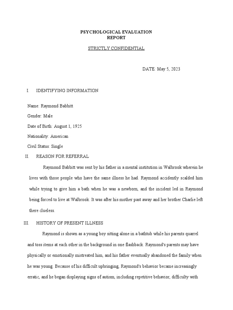 Raymond Babbitt CASE STUDY 09 PDF Autism Spectrum Psychotherapy