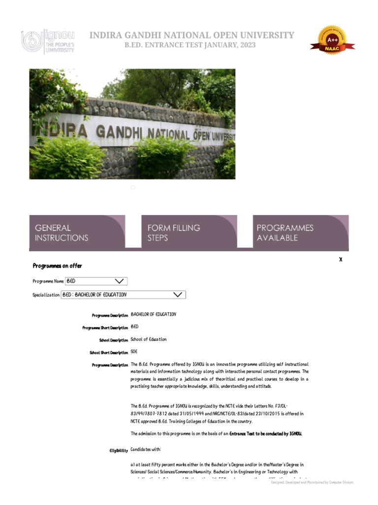 IGNOU Online B.Ed. Entrance Admission PDF Academic Degree Bachelor's Degree