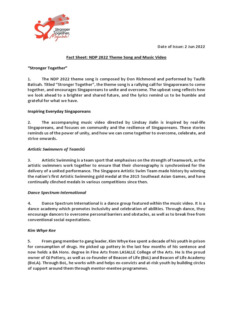 Fact Sheet NDP 2022 Theme Song and Music Video PDF Entertainment