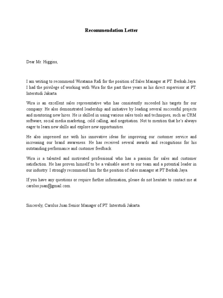 Recommendation for Sales Manager Wira Rafi | PDF | Career & Growth