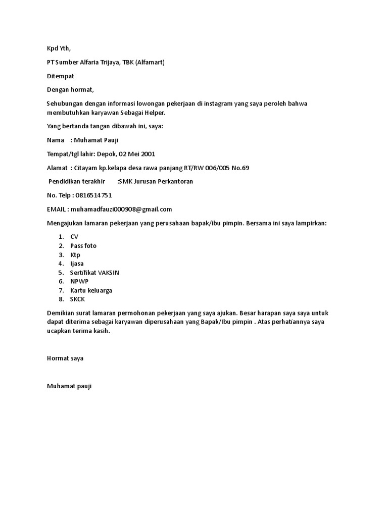 Surat Lamaran Kerja Alfamart | PDF