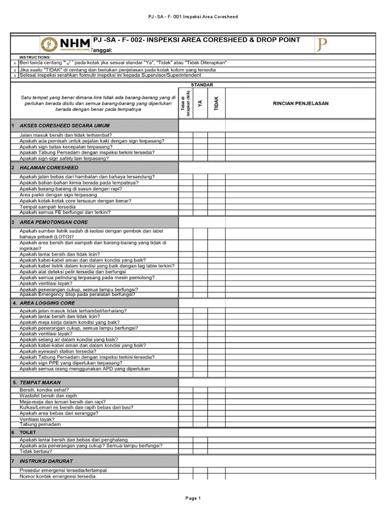 Inspeksi Keselamatan Area Coresheed | PDF