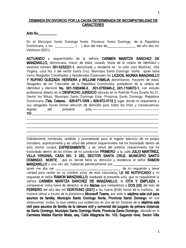 Demanda en Divorcio Por Incompatibilidad de Carateres | PDF | Divorcio ...