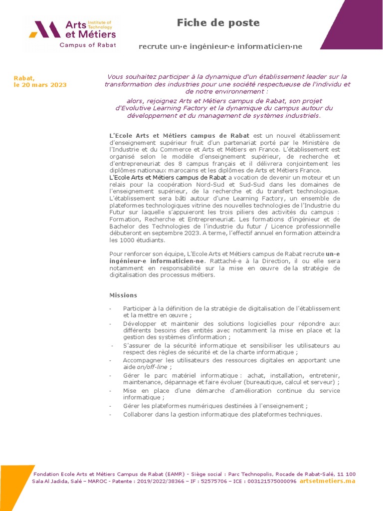 Fiche de Poste Ingénieur Informatique EAMR | PDF | Informatique ...