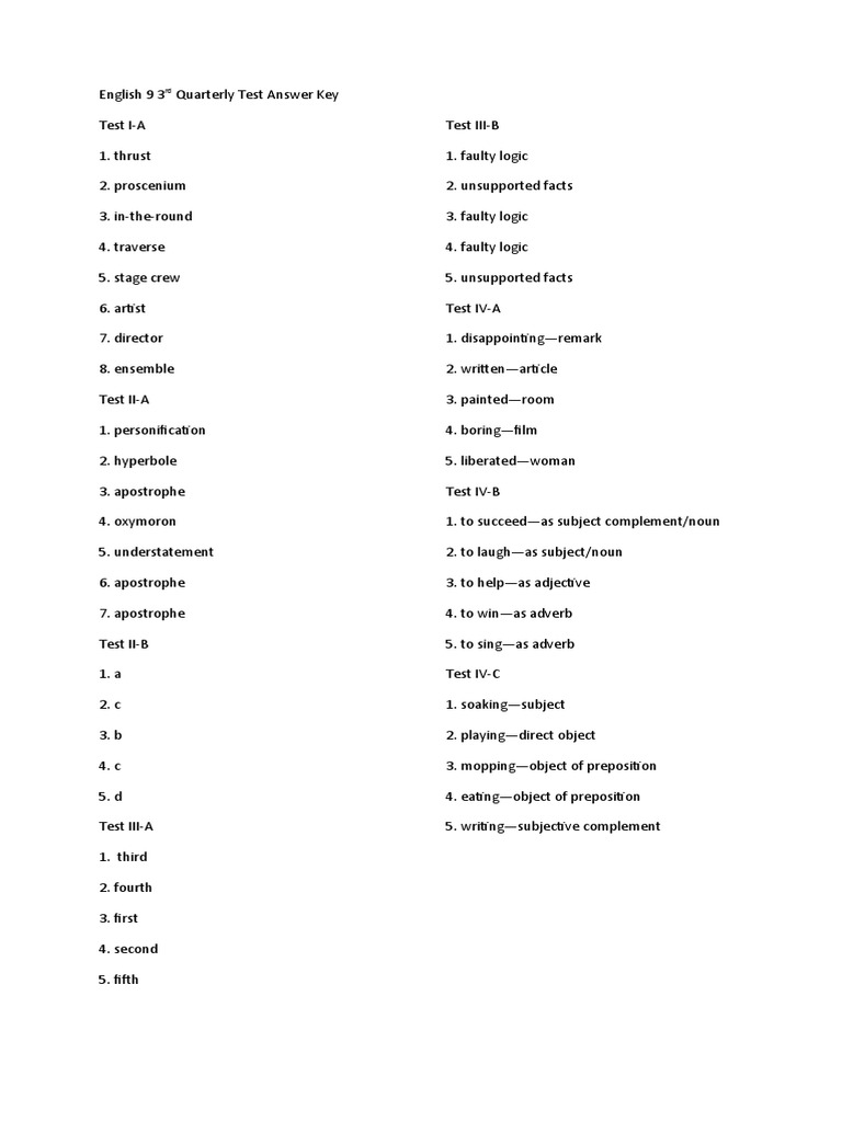 Grade 9 English Quarterly Test Answers | PDF | Syntax | Beowulf