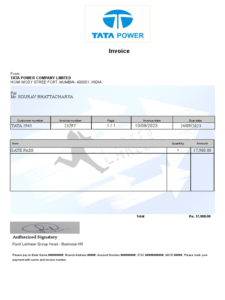 TATA Power Invoice for GATE PASS | PDF