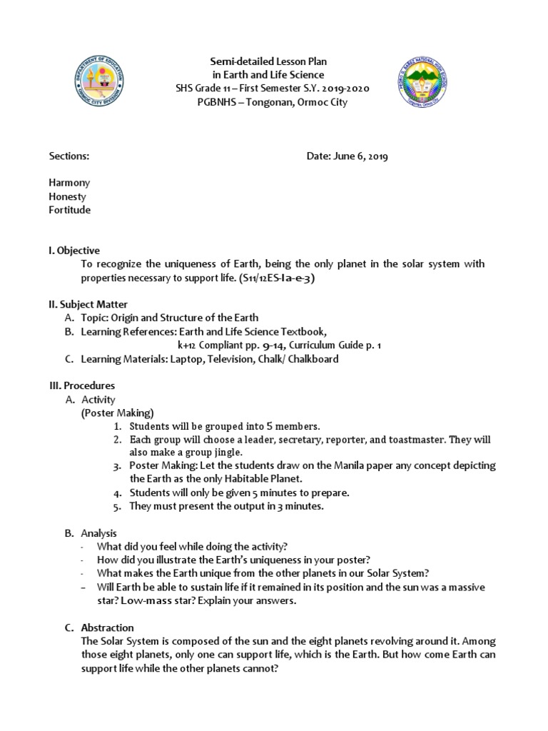 Lesson Plan in Uniqueness of Earth | PDF | Life | Carbon