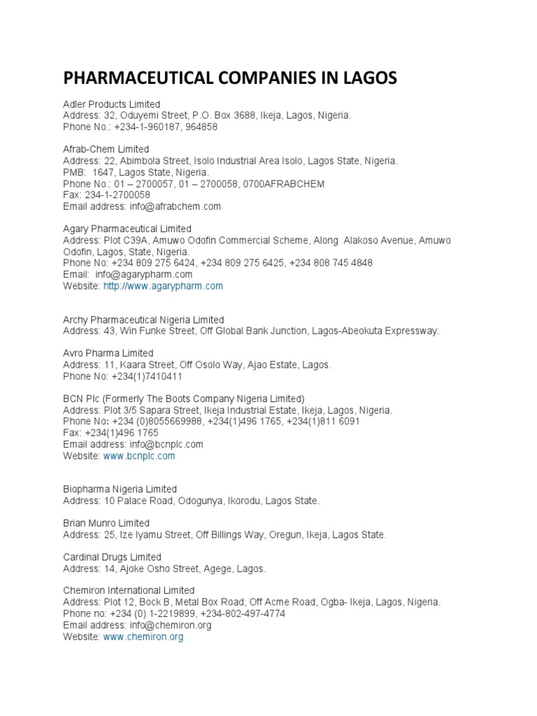 Pharmaceutical Companies in Lagos PDF