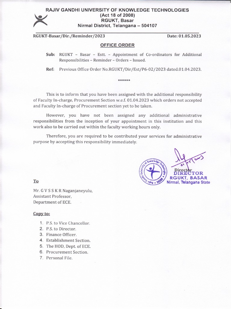 Reminder - Office Order - Mr. G V S S K R Naganjaneyulu, Assistant ...