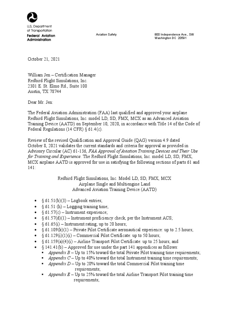Redbird AATD Approval Notice | PDF | Flight Instructor | Aviation