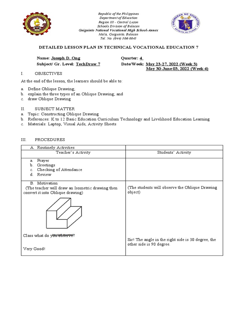 Lesson - Plan - in - Oblique Drawing Q3 Week 3 and 4 | PDF | Drawing ...