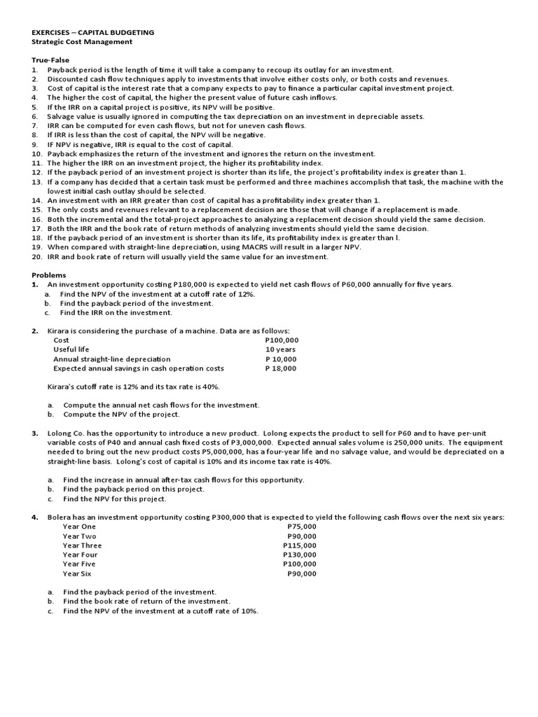 Exercises Capital Budgeting Pdf Capital Budgeting Internal Rate
