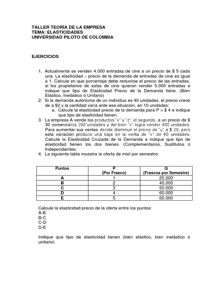 Taller No 2 Elasticidades | PDF | Elasticidad (economía) | Oferta y demanda