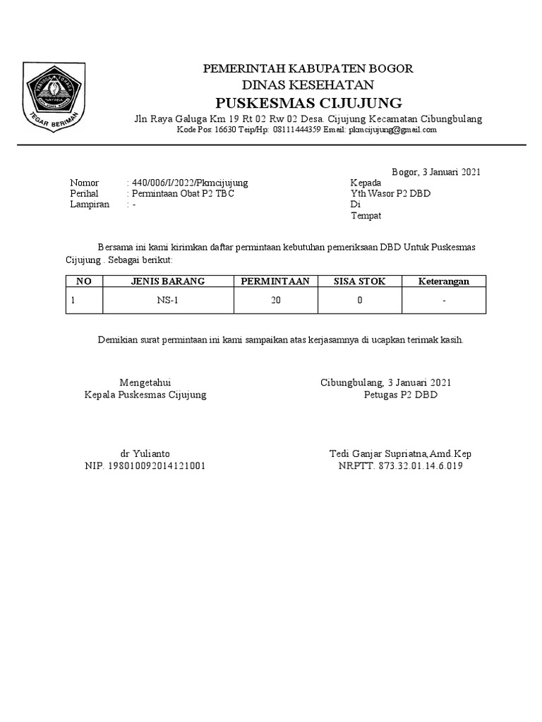 Permintaan Obat P2 TBC Puskesmas Cijujung | PDF