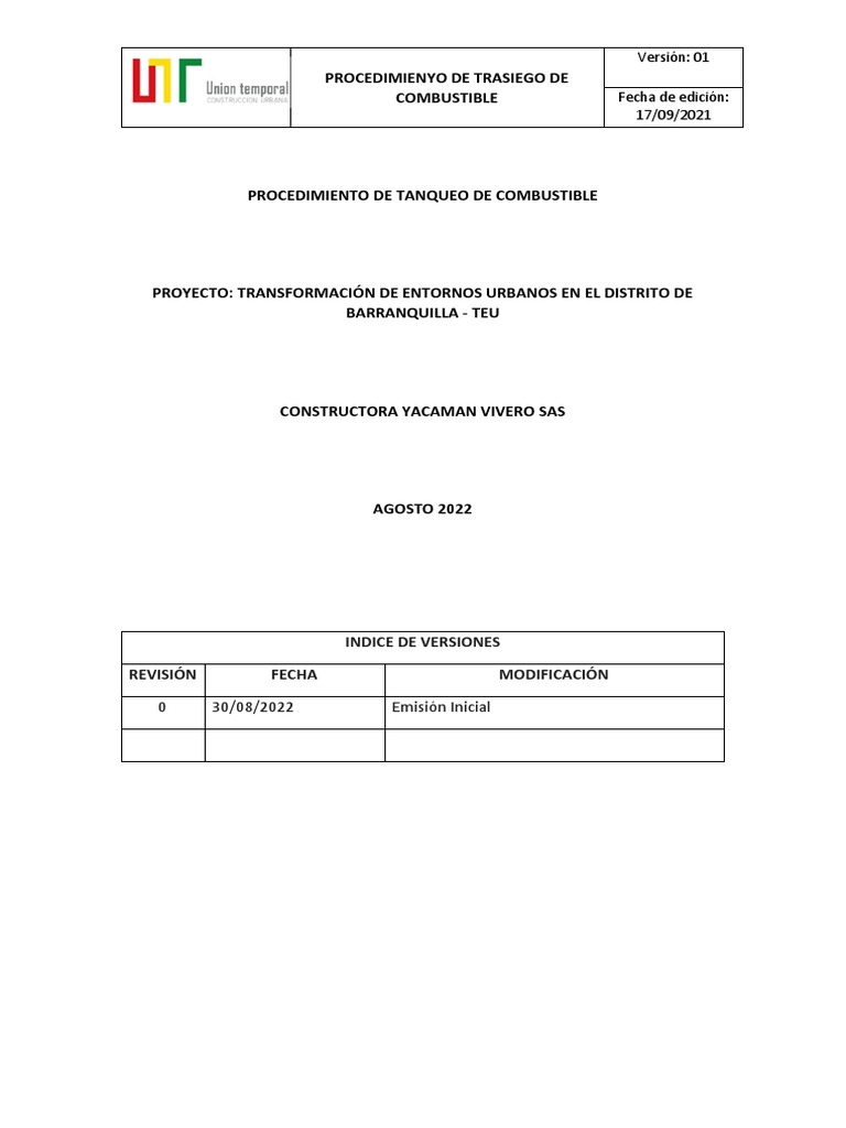 Procedimiento De Tanqueo De Combustible En Obra Pdf