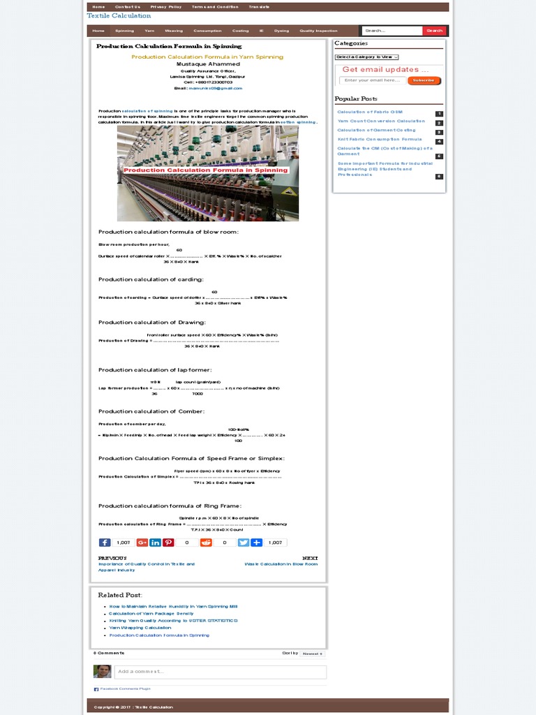 Production Calculation Formula in Spinning Textile Calculation PDF