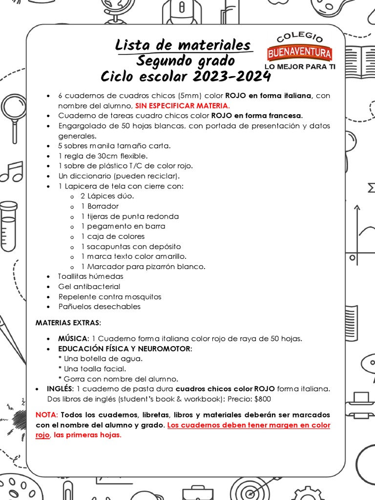 Lista de Útiles Escolares 2do Grado 23-24 | PDF