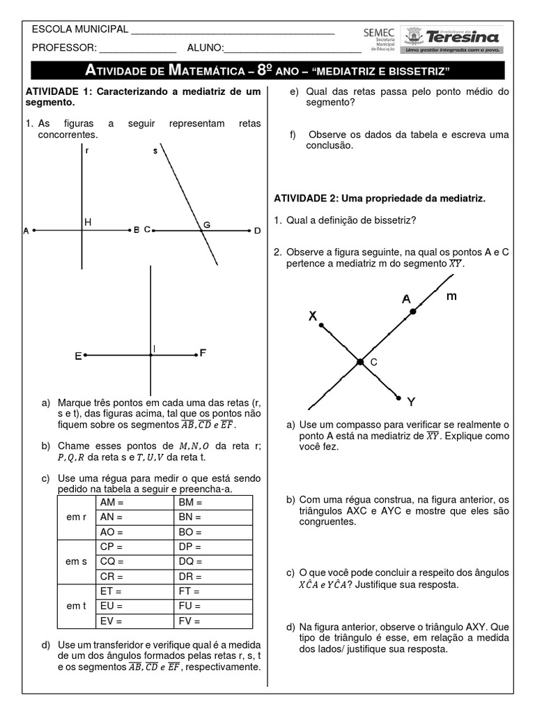 Exercícios de Mediatriz e Bissetriz 8º Ano | PDF | Triângulo ...
