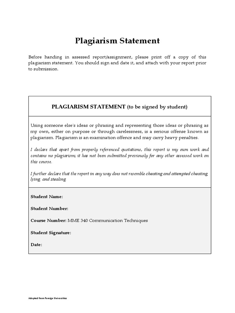 Plagiarism Statement | PDF