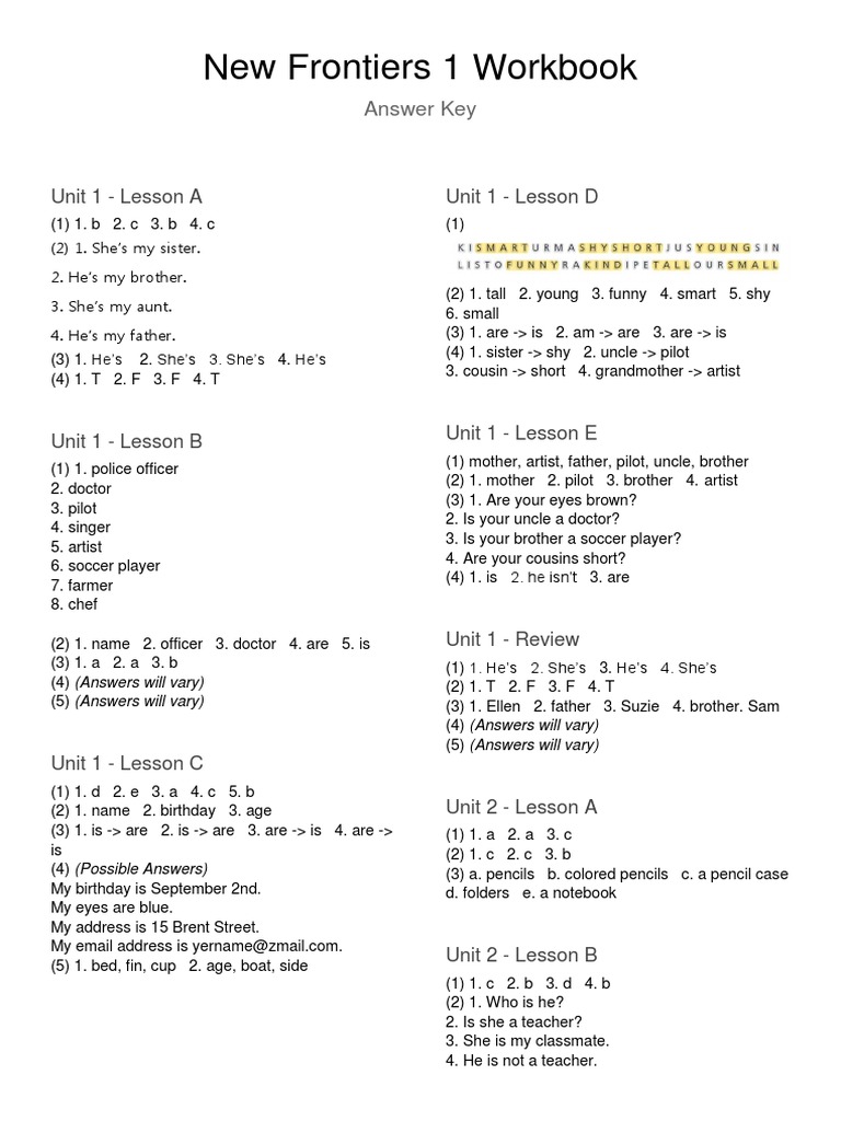 New Frontiers 1 WB Answer Key PDF