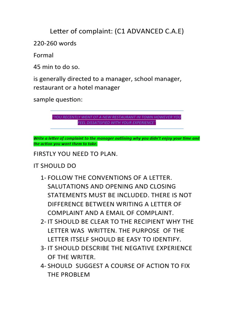 C1 Formal Complaint Letter Guide | PDF | Restaurants | Waiting Staff