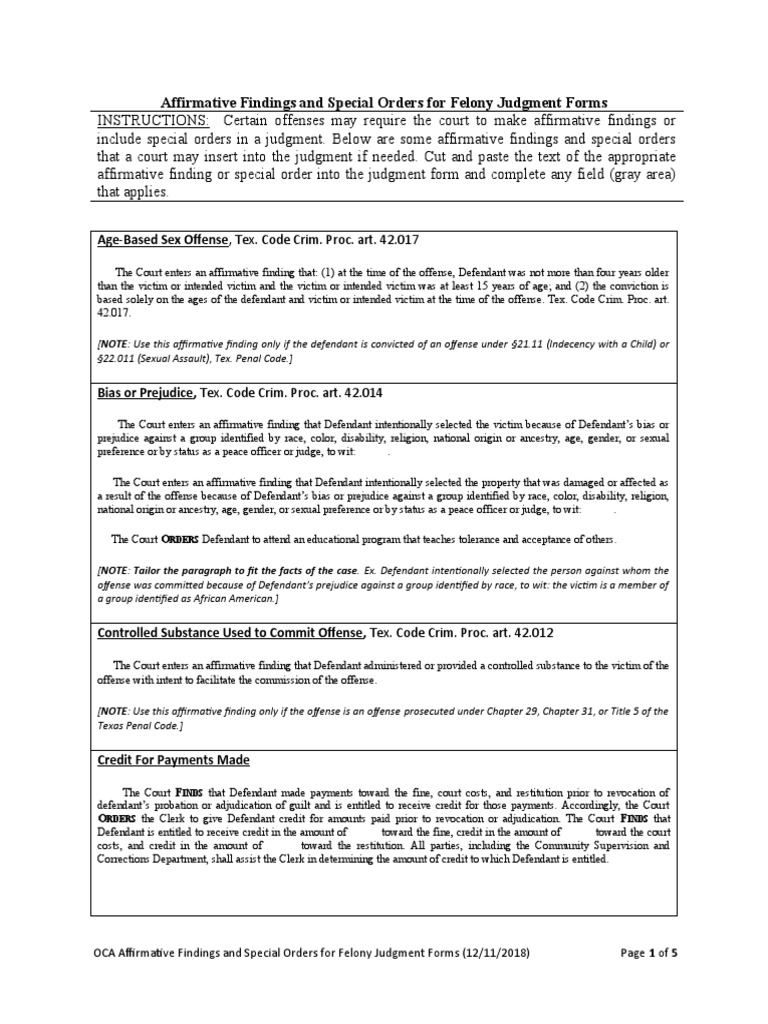 Affirmative findings and special orders for felony judgment form pdf