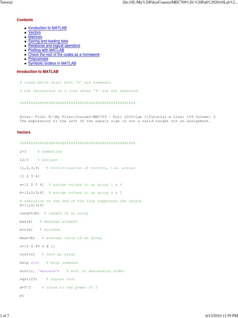 Introduction To Matlab (Published .Mat File) | PDF | Matrix ...