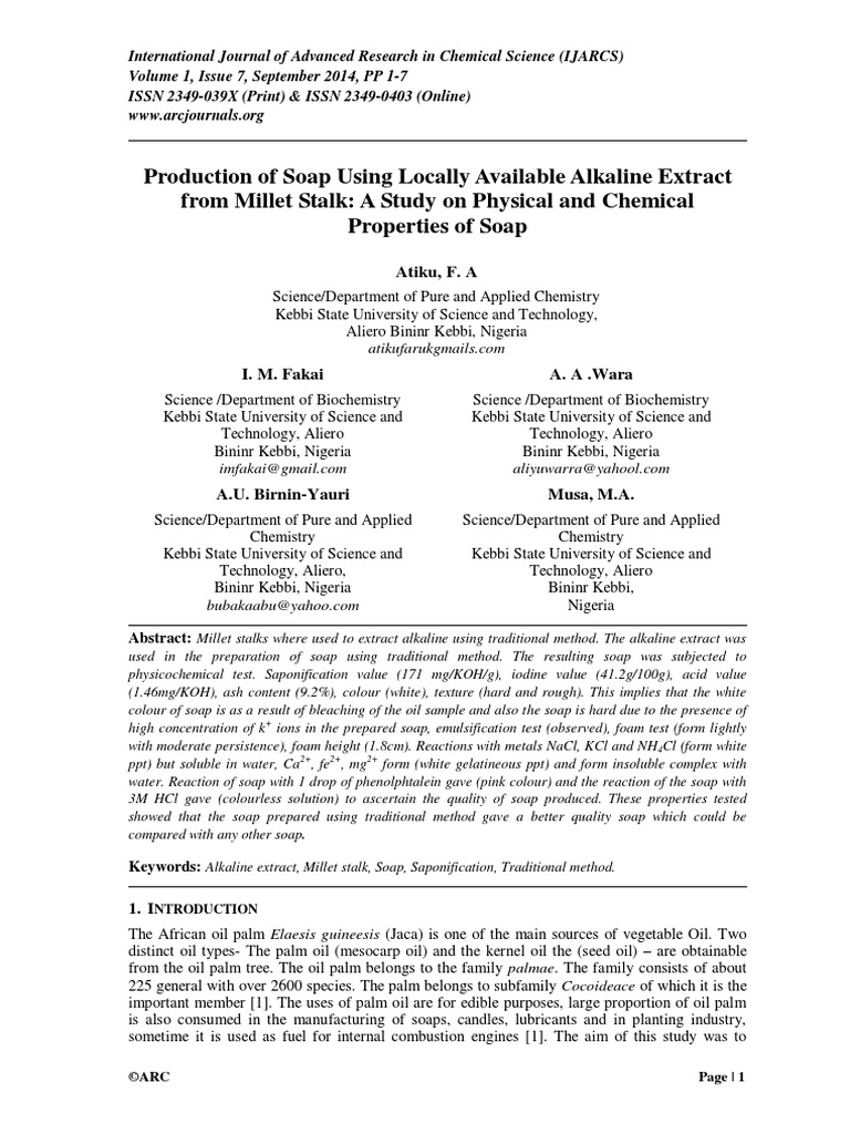 Production of Soap Using Locally Available Alkaline Extract From Millet