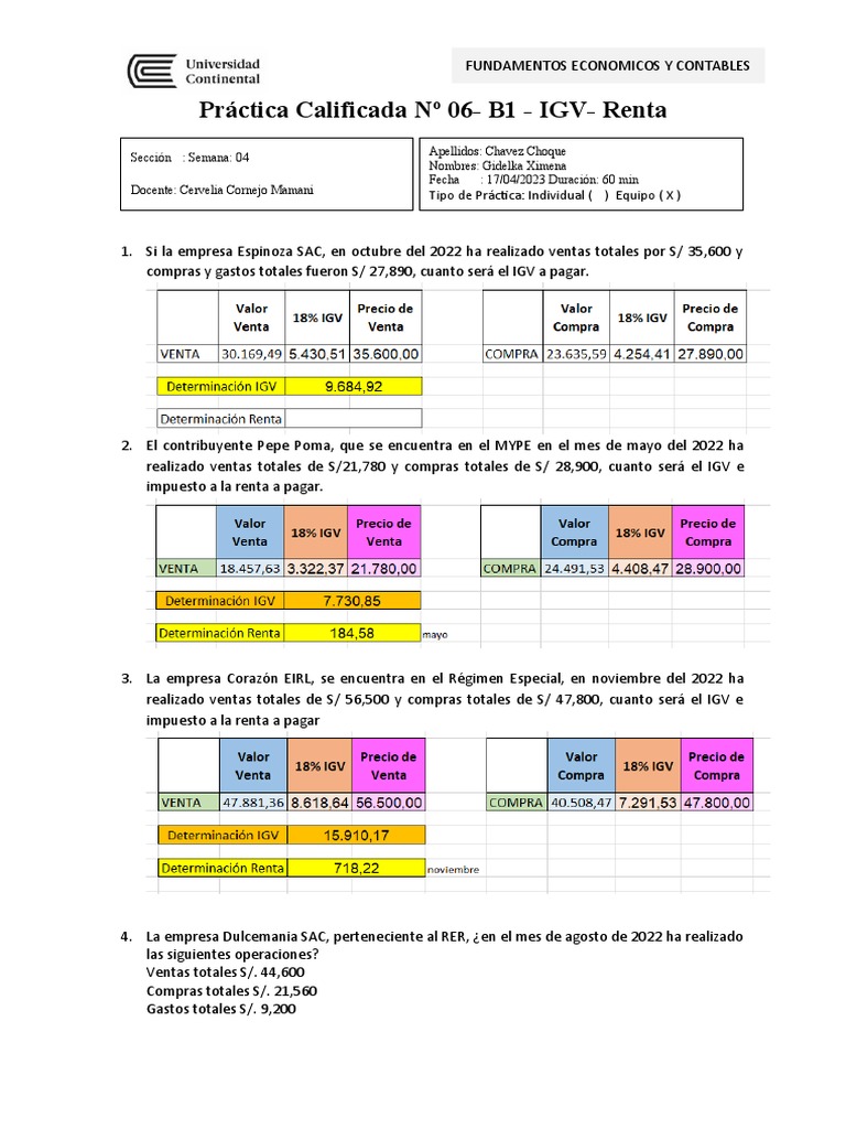 Cálculo de IGV e Impuestos Empresariales | PDF | Impuesto sobre la ...