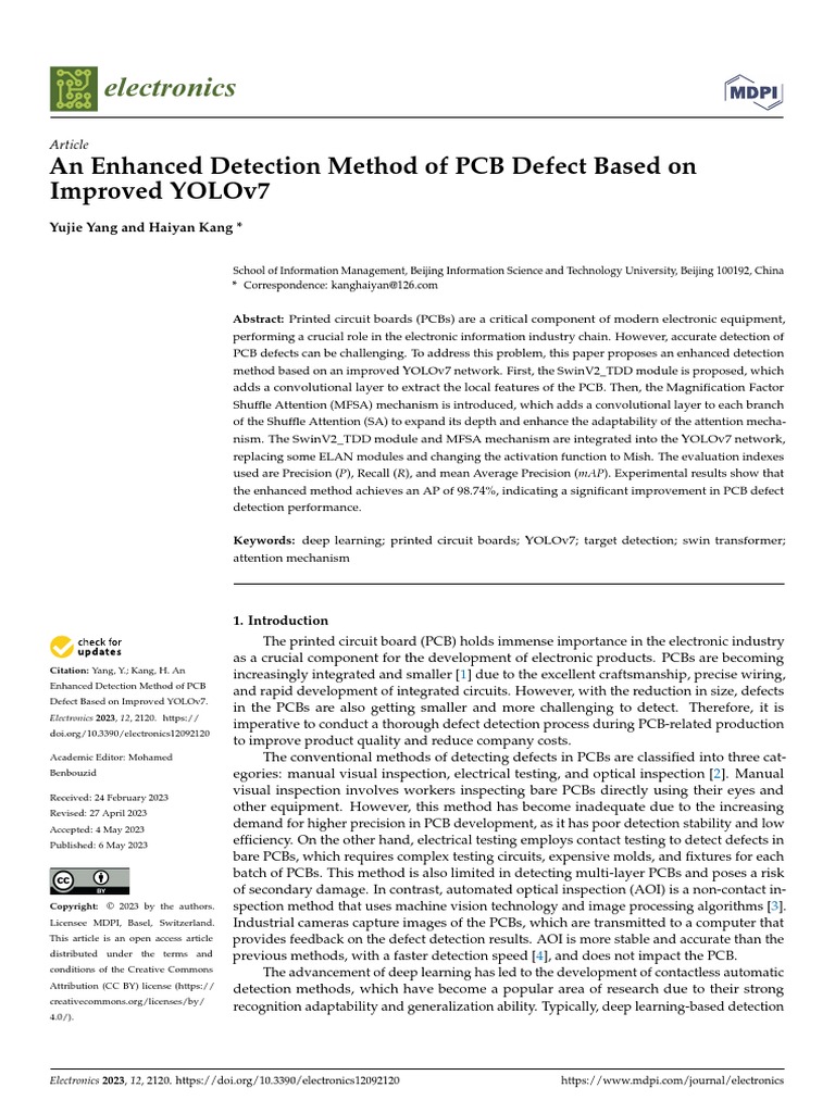 An Enhanced Detection Method of PCB Defect Based On Improved YOLOv7 ...