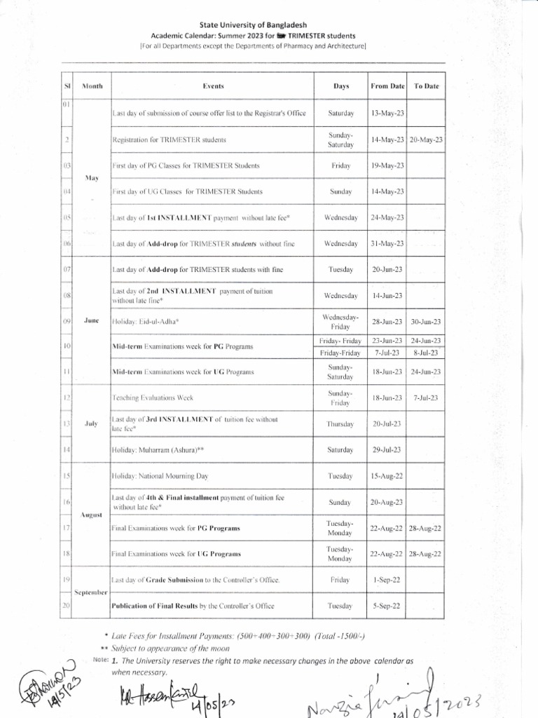 Academic Calendar Summer 2023 PDF