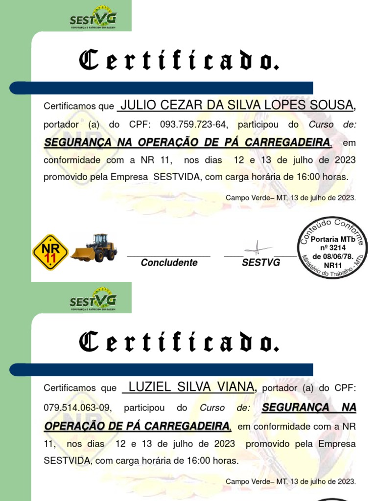 Certificado de Operação de Pá Carregadeira | PDF | Segurança