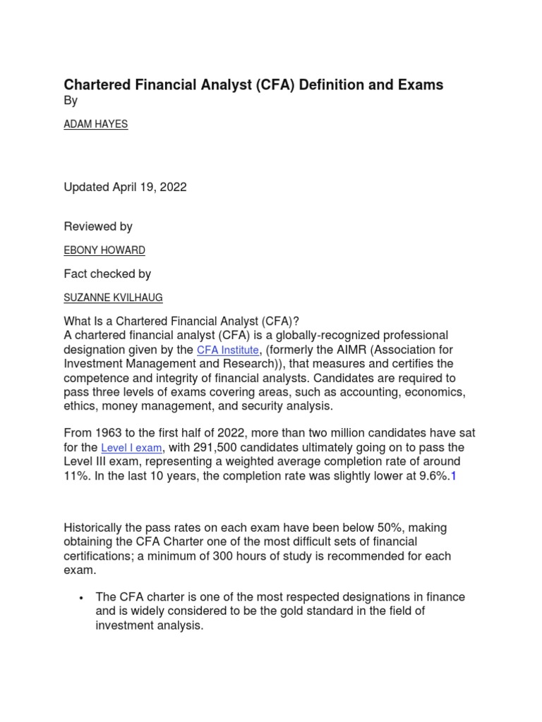 Chartered Financial Analyst (CFA) Definition and Exams PDF Business