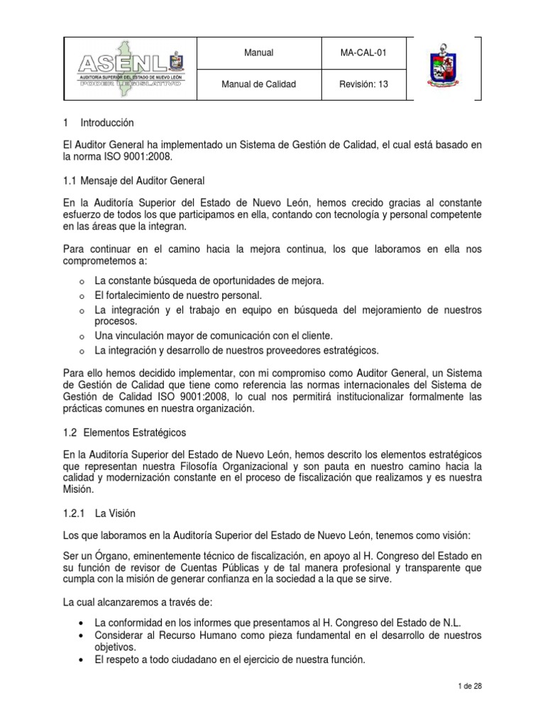 Manual de Calidad ISO 9001:2008 | PDF | Sistema de manejo de calidad ...