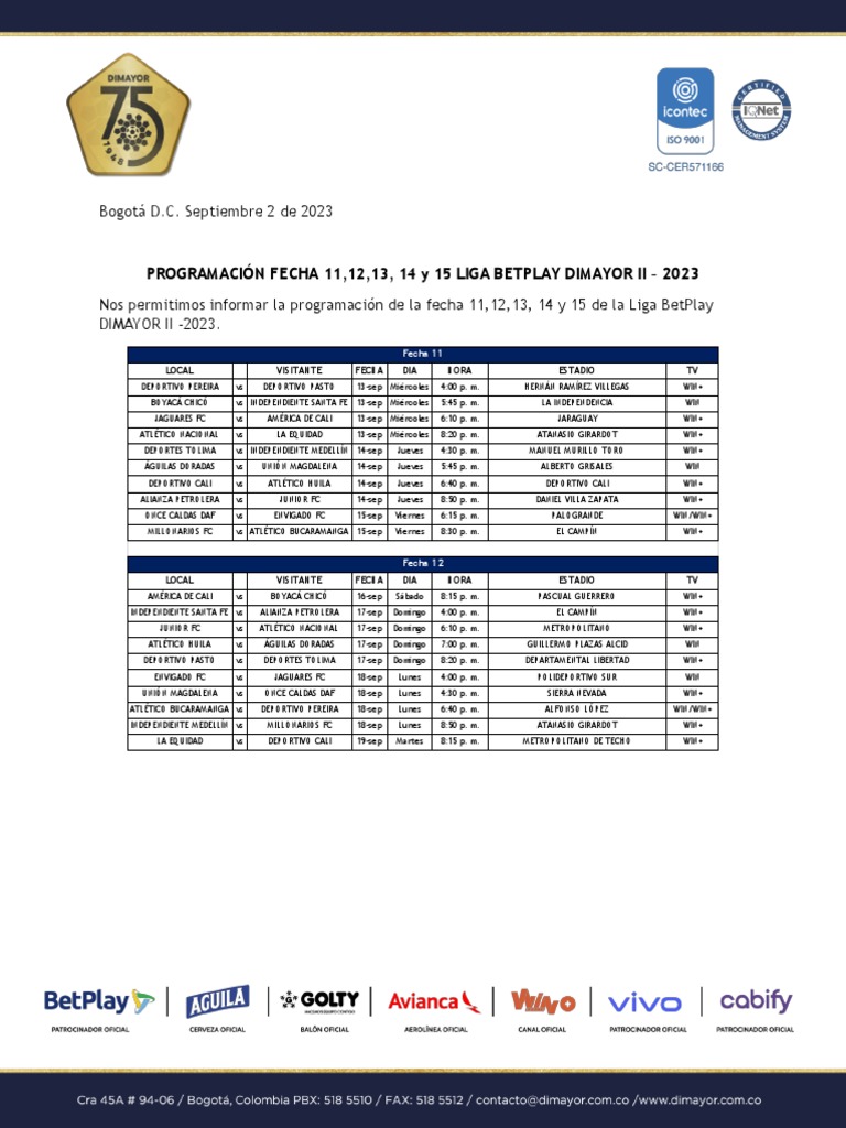Programación De Las Fechas 11 A La 15 En La Liga Pdf Ligas