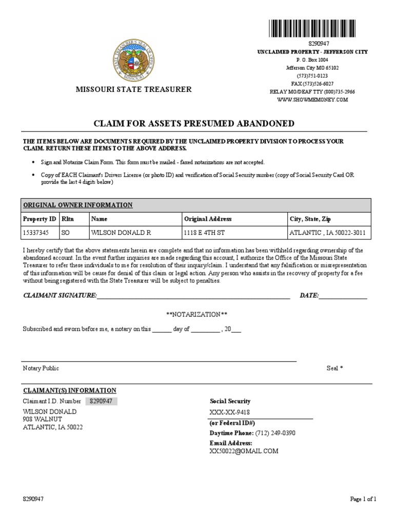 Claim For Assets Presumed Abandoned Missouri State Treasurer PDF Civil Law Law