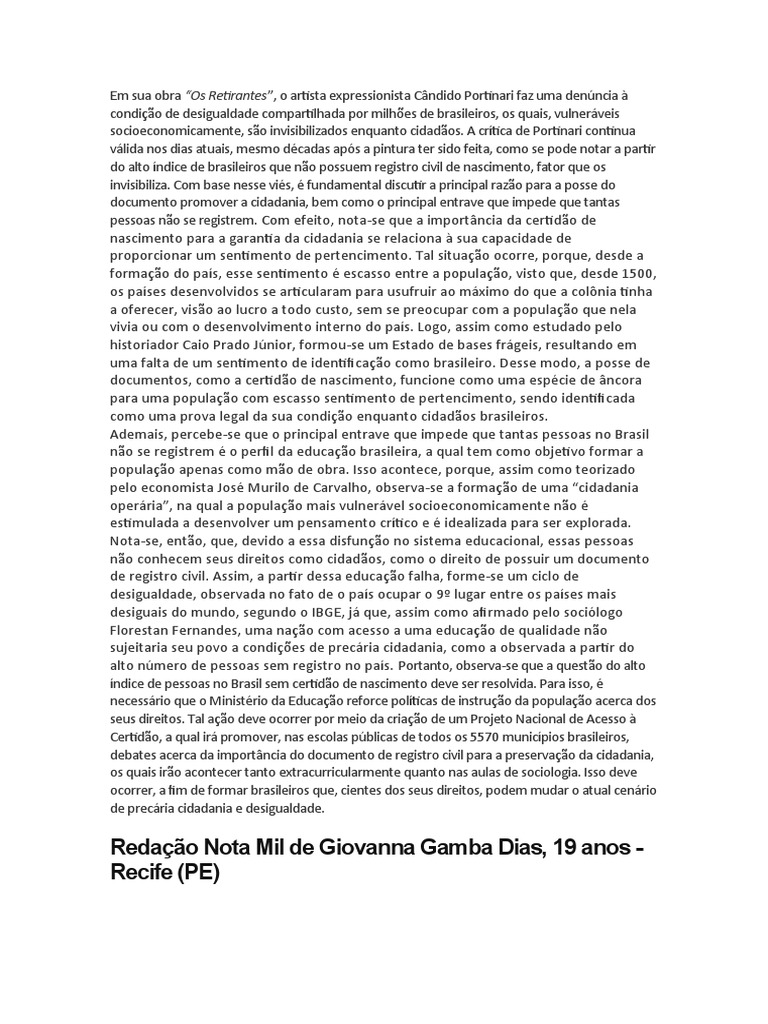 Redação Nota Mil Enem 2021 | Download grátis PDF | Brasileiros | Cidadania