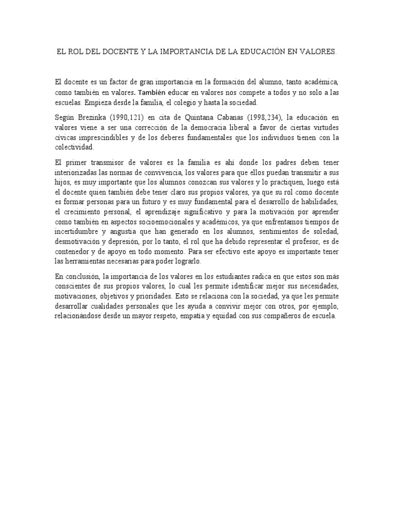 El Rol Del Docente y La Importancia de La Educación en Valores | PDF