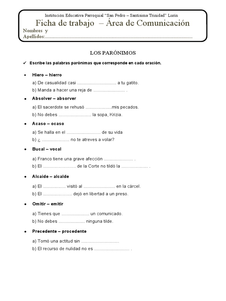 FICHA DE LOS PARÓNIMOS 4º | PDF