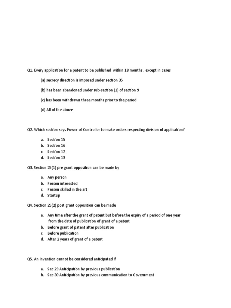Patent Mcqs PDF Patent Invention
