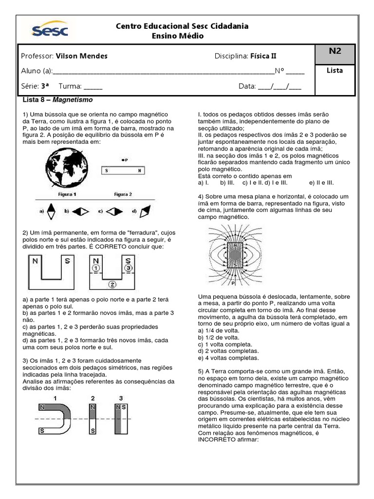 3 Série - Lista de Exercícios 8 - (Magnetismo) | PDF