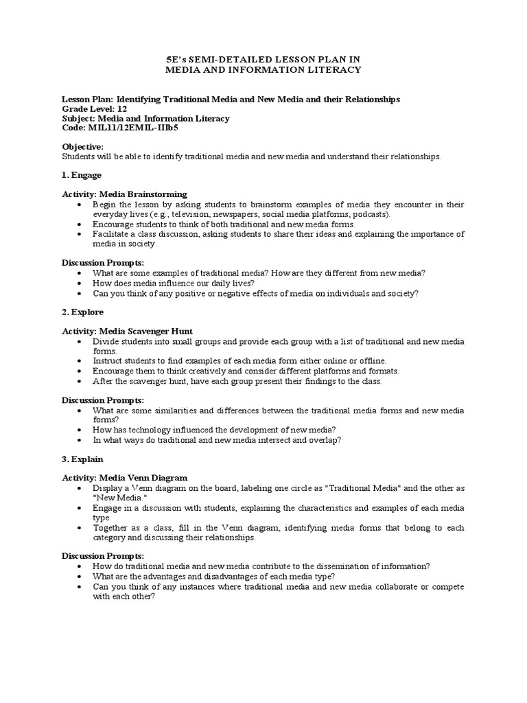 5E'S Semi-Detailed Lesson Plan in Media and Information Literacy | PDF