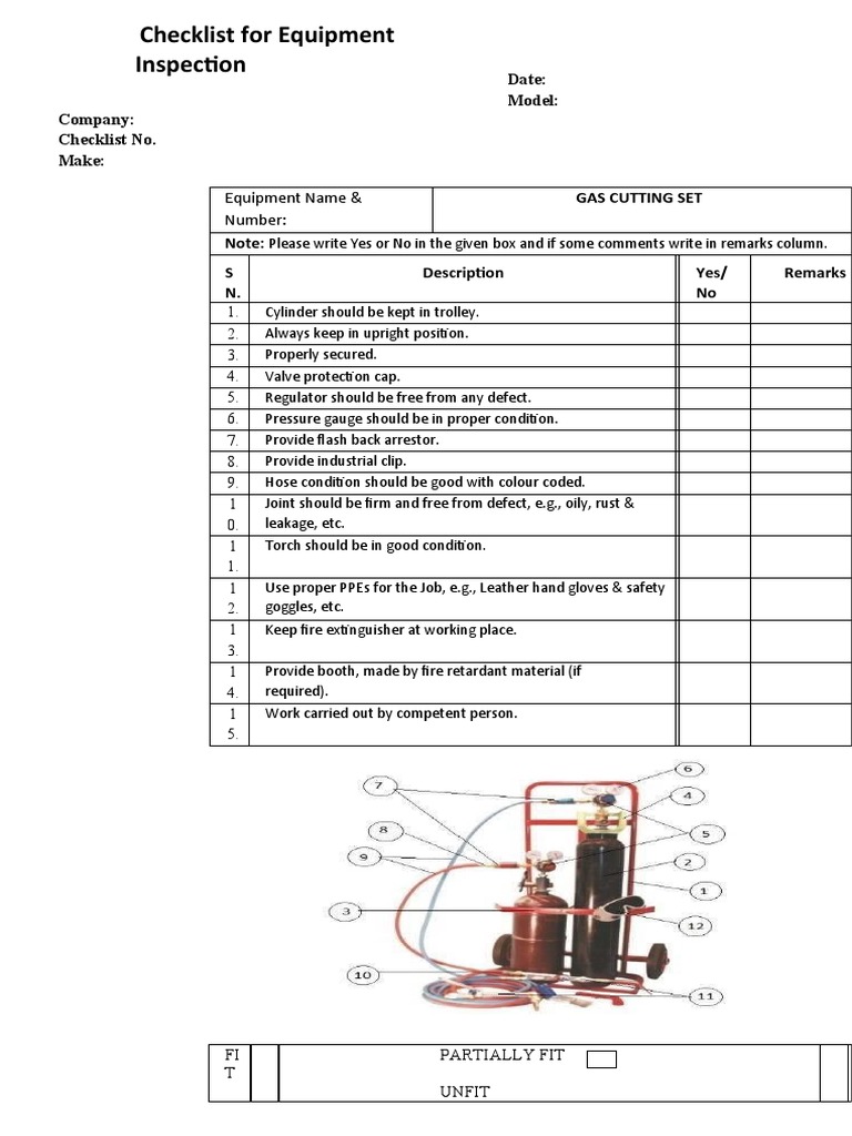 Checklist For Equipment Inspection Gas Cutting Set PDF