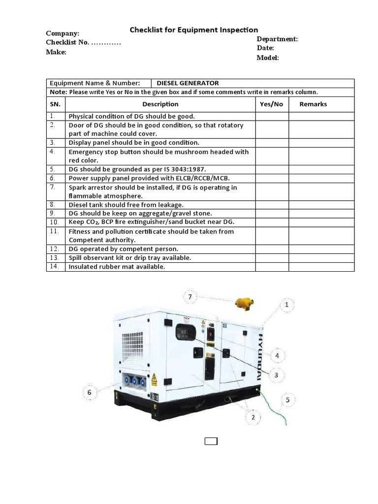 Diesel Generator Safety Inspection Checklist | PDF