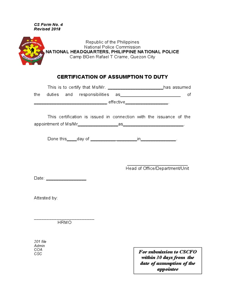Cs form no 4 certification of assumption to duty pdf