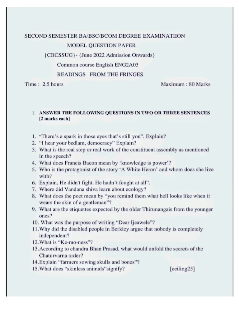 Reading From The Fringes Model Question Paper. | PDF